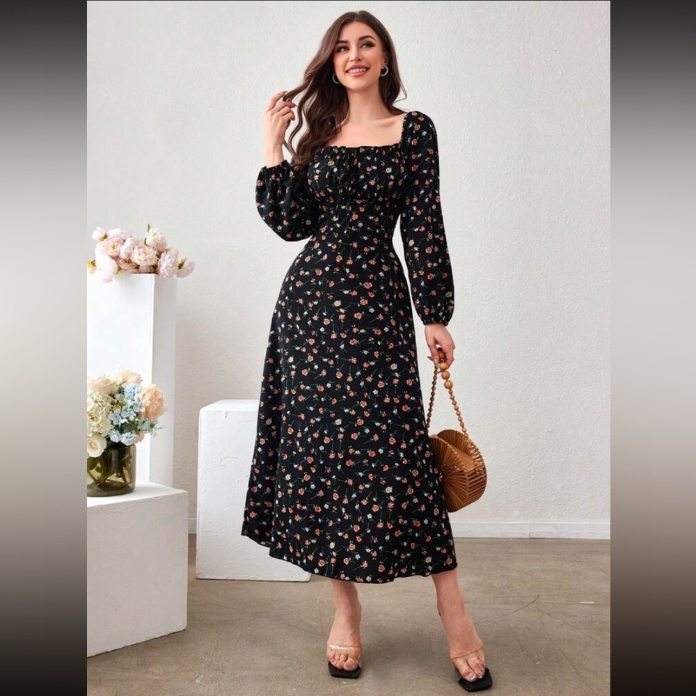 Black Floral Dress Milkmaid Puff Sleeve Midi Square Neck Feminine Flowy sz Small